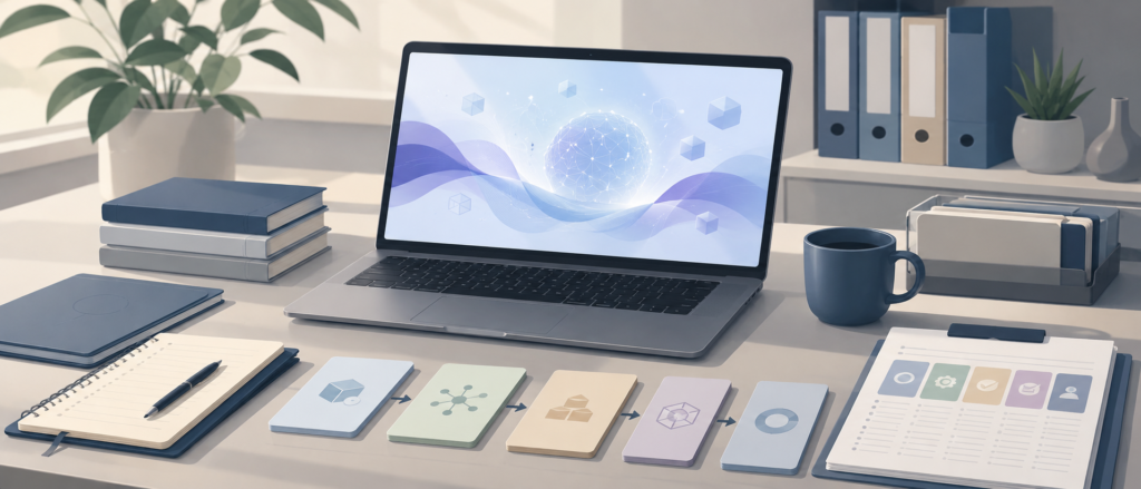 オフィスでノートパソコンを開き、AI学習プラットフォームの画面を見ながら効率的な業務手順を整理しているビジネスパーソンの静物構図