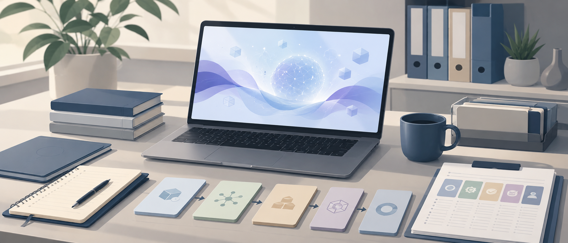 オフィスでノートパソコンを開き、AI学習プラットフォームの画面を見ながら効率的な業務手順を整理しているビジネスパーソンの静物構図