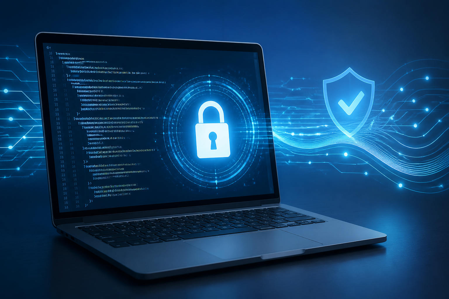 ノートPCに表示されたコード画面と鍵のマーク、安全なデータ通信とアクセス制御を表現するサイバーセキュリティのイメージ