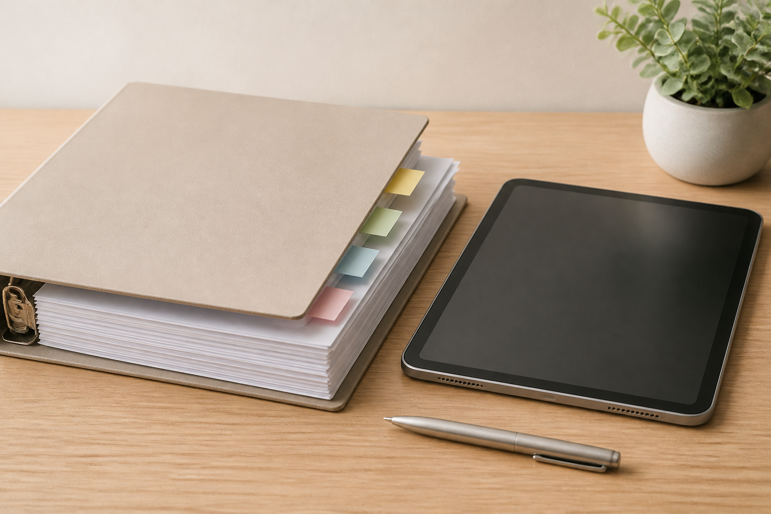 バインダーに挟まれた書類、タブレット端末、そしてシンプルなペンが整理されたデスクの上に置かれ、プロジェクトの完了と次のステップを示唆する静物構図
