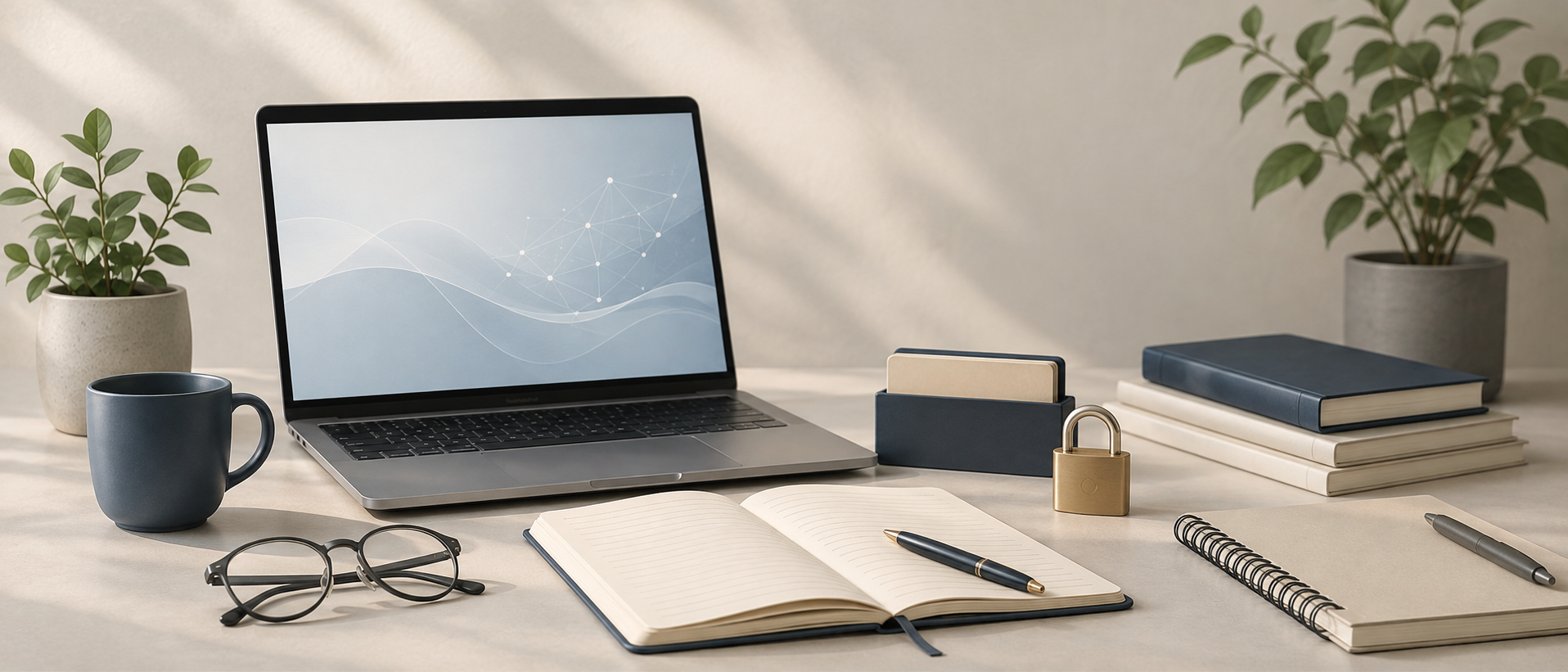 オフィスのデスクでノートPCとビジネスノートが置かれ、業務の自動化やAI活用についてじっくりと思考している落ち着いた作業空間