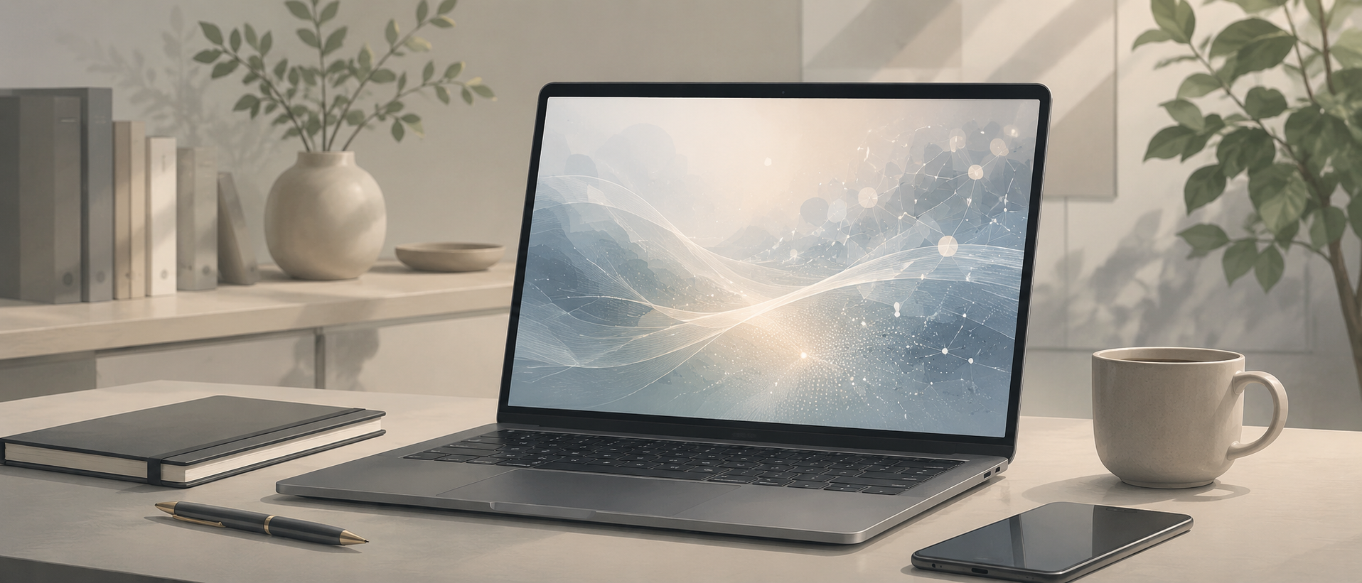 モダンで落ち着いたオフィス空間で、ノートPCの画面に高度なAIツールのインターフェースが表示され、ビジネスパーソンがデータや情報を分析している静物構図