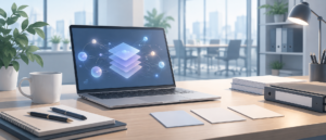 企業オフィスでPCに向かい生成AI活用やLLM導入を検討している担当者の様子
