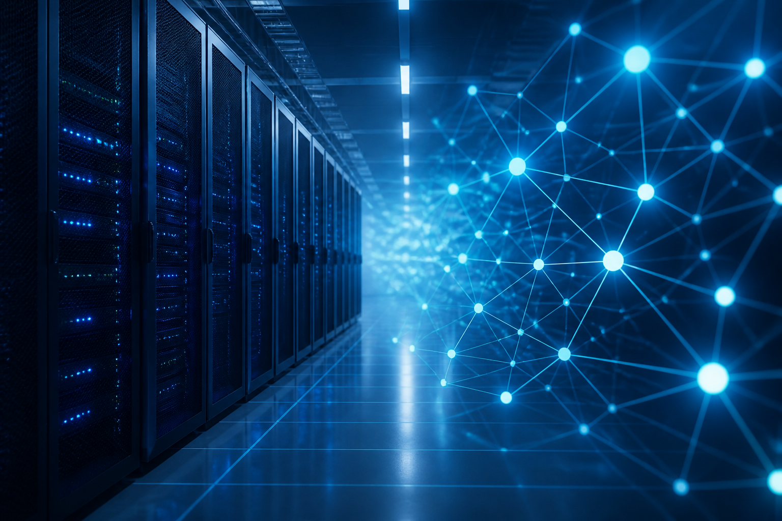 データセンターのサーバーラックとデジタルネットワークのイメージ
