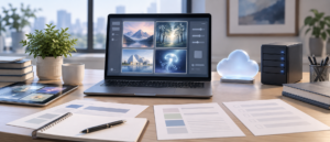 画像生成AIの画面を表示したノートPCと要件整理資料のイメージ