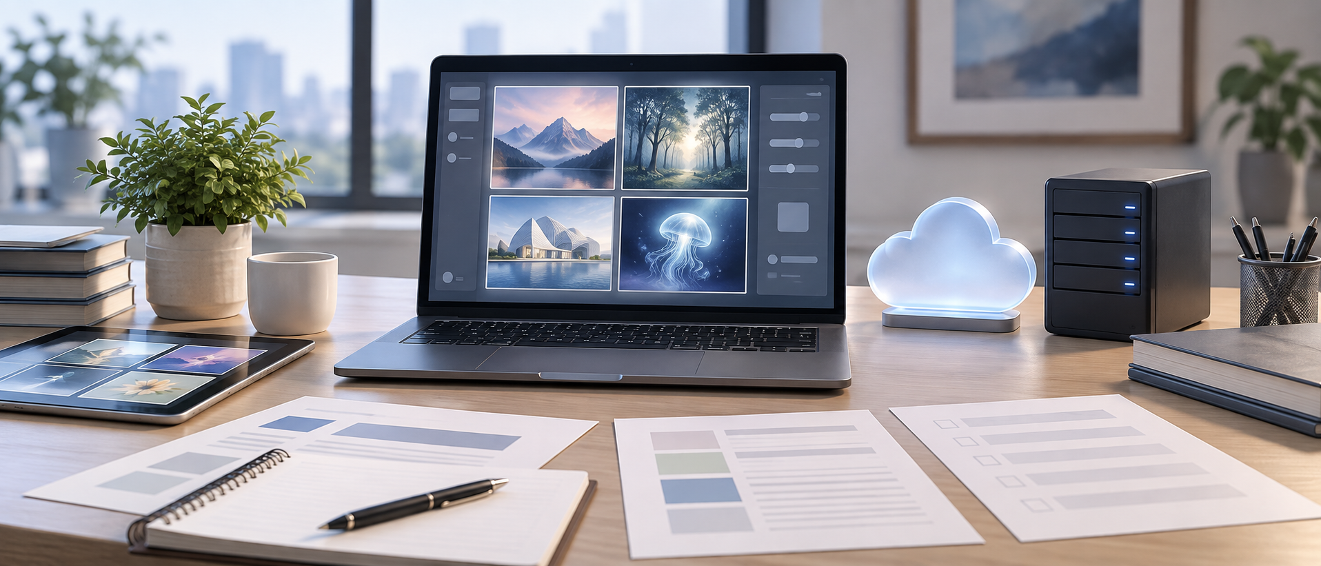 画像生成AIの画面を表示したノートPCと要件整理資料のイメージ
